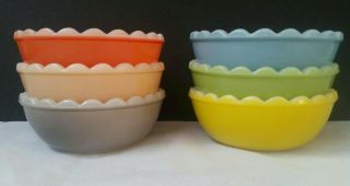 Vintage AGEE PYREX Harlequin Scalloped Pudding Bowls Ramekins x6 six set 2