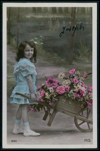 Edwardian Child Girl Toy Wheelbarrow Vintage Old 1910s Photo Postcard