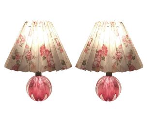 Pair Vintage Archimede Seguso Murano Art Glass Table Lamps With Pleated Shades