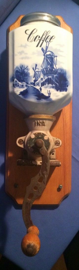 Antique Blue & White Dutch Windmill Wall Mount Coffee Grinder Mill.  Germany