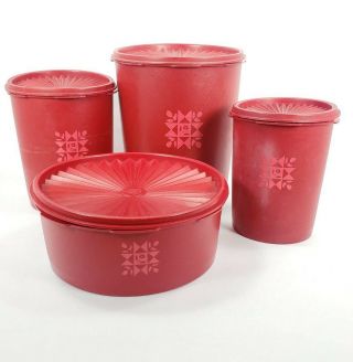 Vintage Tupperware Red Canisters W/ Lids Set Of 4 Red Tulip Quilt Pattern Rare