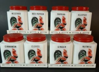 Vintage Tipp City Milk Glass Spice Shaker Set With Roosters & Rack