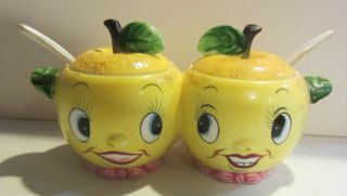 Vintage Py Lemon Anthropomorphic Jam And Jelly Jars With Spoons