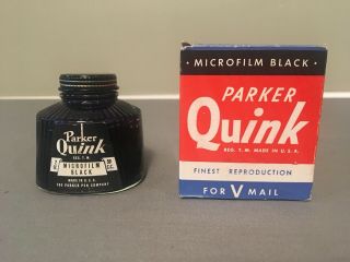 Vintage Ww2 V - Mail Parker Quink 2 Oz Bottle Of Micro Film Black Ink W/box