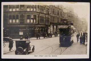 Vintage West St Junction Reading Postcard Old Car Driver Waving At N0 13 Tram