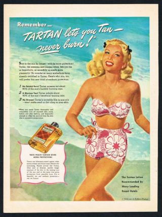 Tartan Suntan Lotion Ad Bikini Beauty Girl 1940s Vintage Print Ad Retro