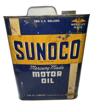 Vintage Sunoco Oil Can Mercury Made Two Gallon Correct Matching Cap Rare