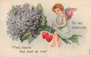 Cute Cupid Riding On A Bouquet Of Violets With Hearts - Old Valentine Pc - Ser.  690