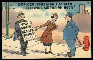 Ugly Woman Beauty Shop Sign Cop Vintage Comic Old Linen Postcard Unposted