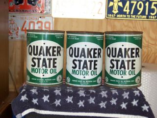(3) Vintage One Quart Quaker State Motor Oil Cans,  Steel Sided