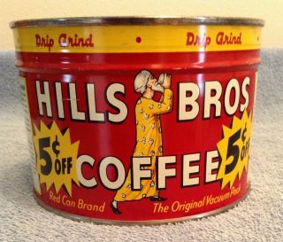 Vintage Hills Bros 1 Lb Coffee Can - Tin " 5c Off " San Francisco Ca