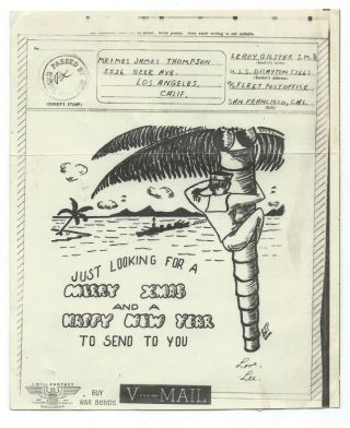 Wwii Illustrated Vmail Letter Uss Drayton Dd766 Christmas Theme Palm Tree
