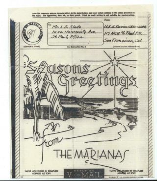 Wwii Illustrated Vmail Letter 117th Seabee Bn Marianas Christmas Theme