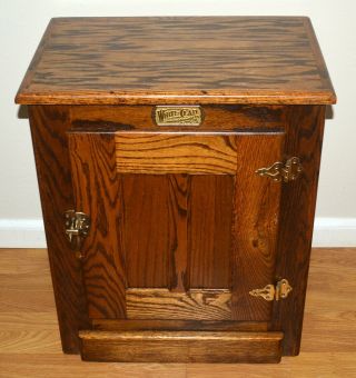 Vintage White Clad Wooden Oak Ice Box Cabinet End Side Table Collectible