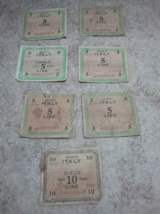 1943 Wwii Allied Military Currency,  Italy - 5 & 10 Lire - 7 Circulated Bills