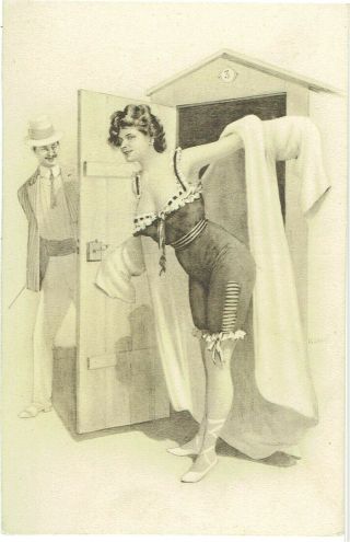 Artist Drawn Old Postcard Glamour Woman Bathing Belle Emerging From Hut
