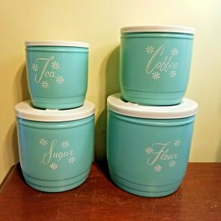 Stanley Vintage Atomic Flowers Turquoise Cannister Nesting Set 4 Plastic 1950s