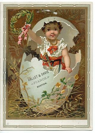 66543 Trade Card C 1880 Hallet & Davis Piano Co Boston Mass Girl Hatching Fr Egg
