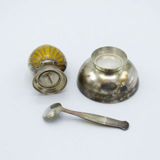 Antique Danish Sterling and Enamel Merk Open Salt,  Spoon and Pepper Shaker 3