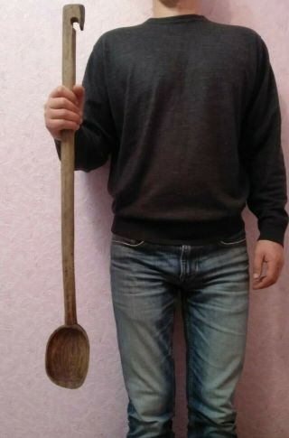 Antique Primitive Wooden Large Spoon Ladle Long Handle