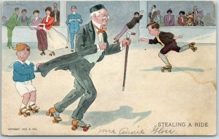 Vintage 1911 Roller Skating Comic Postcard Stealing A Ride Old Man / Little Boy