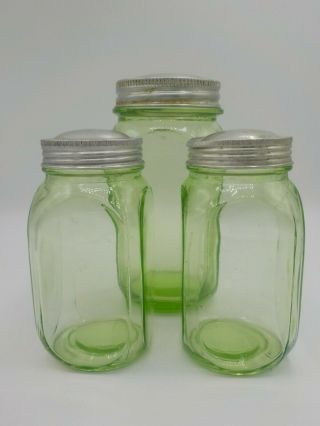 3 Vtg Antique Green Depression Glass Provision Jars W/lids Hoosier Canister Set