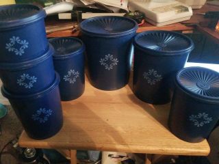 Rare Vintage Set Of 7 Tupperware Navy Blue Nesting Canisters With Seals -