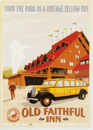 Yellow Bus Old Faithful Inn Yellowstone National Park Postcard