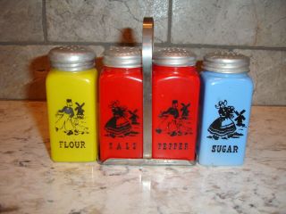 Hazel Atlas Colored Milk Glass Salt Pepper Flour Sugar Shaker Set Not Tipp Mckee