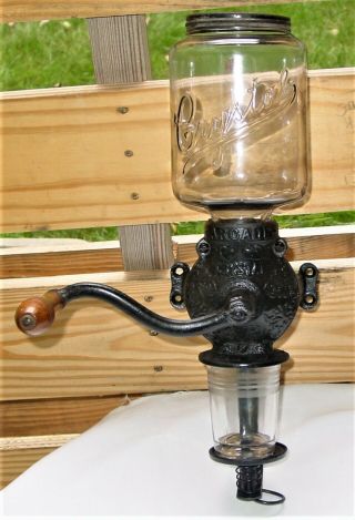 Antique Arcade Crystal Cast Iron Wall Mount Coffee Grinder With Glass