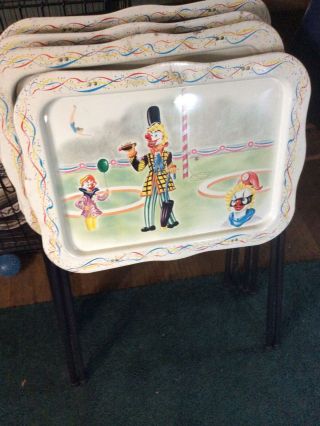 Set Of 4 Vintage Folding Tv Trays Circus Clowns With Stands
