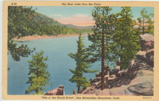 Big Bear Lake,  Ca San Bernardino Mountains Vintage Postcard Linen Pine Trees Old