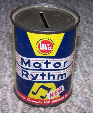 Vintage Whiz Motor Rythm Tin Can Bank 3 Inch Tall Hollingshead