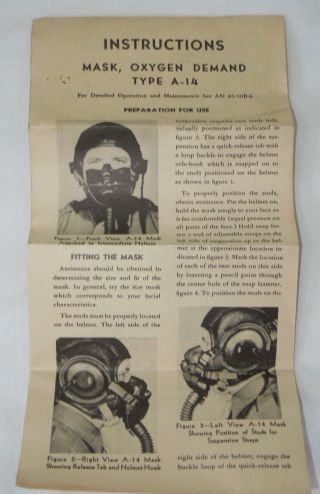 Wwii Us Army Air Force Aaf Type A - 14 Oxygen Mask Instructions Document