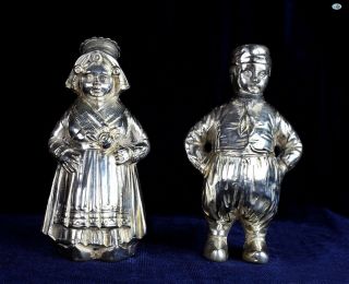 Antique 800 Silver Pair Dutch Girl & Boy Salt & Pepper Shakers Statues