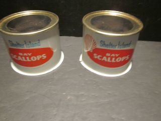 2 Old Vintage Shelter Island Bay Scallops Tin Oyster Cans Long Island Fishing Ny