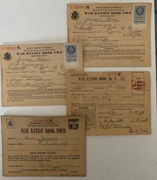 Vintage 1943 Wwii World War Ration Book No 2 3 & 4 Two With Stamps