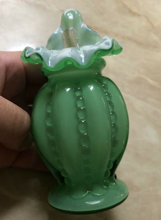 Vintage Fenton Green Overlay Beaded Melon Glass Vase Ruffle Top |fenton Glass