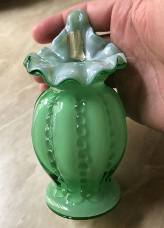 Vintage Fenton Green Overlay Beaded Melon Glass Vase Ruffle Top |fenton Glass 2