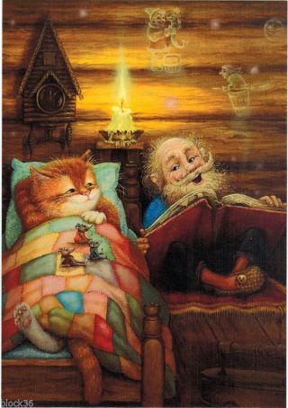 Old Man Reads Tale To Cat And Mice In The Village House Modern Russian Postcard