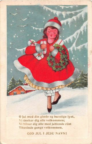 Snowy Old Art Deco Whitney Norwegian Christmas Pc - Little Girl In Red With Gifts