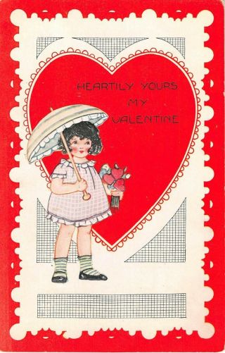 Girl With Parasol & Bouquet Of Flowers & Hearts - Old Art Deco Whitney Valentine P