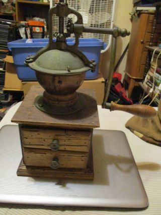 Antique Coffee Grinder Wormwood & Brass Side Crank 2 Drawer Italy 15 Inch