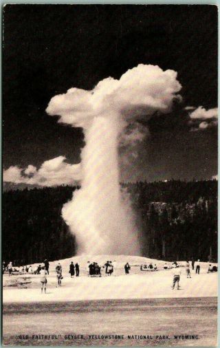 Vintage Yellowstone National Park Postcard " Old Faithful Geyser " Conoco Oil Ad.