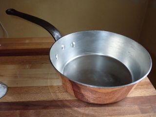 Restored 10.  5” Antique French Copper Windsor Sauce Pan Splayed Sauté 3mm Tin