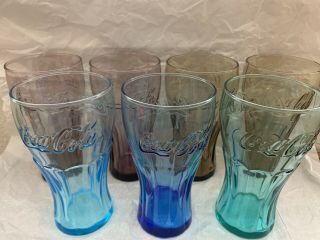 Set Of 7 Promotional Coca - Cola Mcdonald’s Glasses Blue Green Brown Burgundy Cups