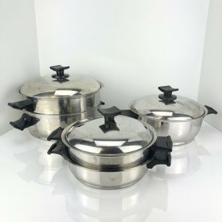 Vintage 8 Piece Rena - Ware 3 Ply 18 - 8 Stainless Steel Cookware 5 Pans/pots 3 Lids