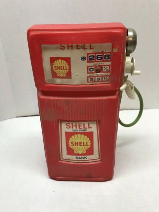 Vintage Red Shell Gas Pump Plastic Coin Bank By H - G Toys With Hose & Nozzle