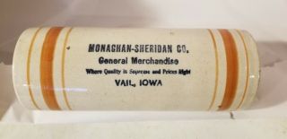 Antique Vail Iowa Advertising Stoneware Rolling Pin General Merchandise