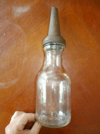 Vintage Antique Duraglas Glass Quart Oil Bottle W/ Master Tin Pour Spout